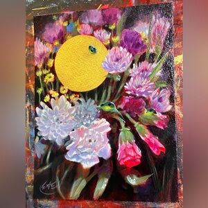 Original Floral Painting Gold accent Sun Ladybug Art nature surrealism Ettina US